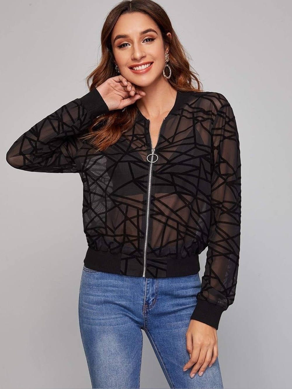 Amazon Black Sheer and Velvet Zip Front Jacket